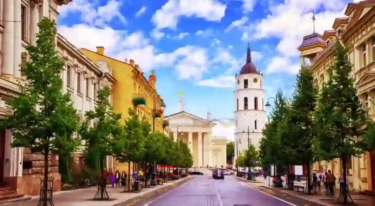 Cathedral square seen from Gediminas Avenue, the main street of Vilnius, Lithuania, a popular shopping and dining location