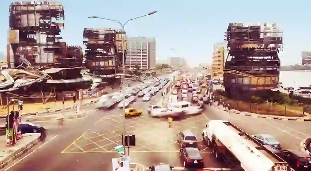 A depiction of a futuristic Lagos with improvised shanty megastructures