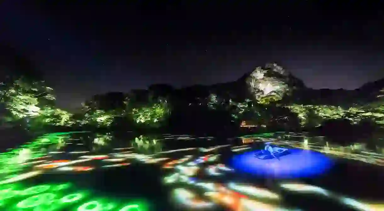 Drawing on the Water Surface with Lotus Flowers, Created by the Dance of Koi and Small Boats on Mifuneyama Rakuen Pond