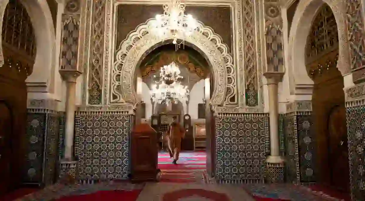 Ornate zellige inside a mosque in Fez