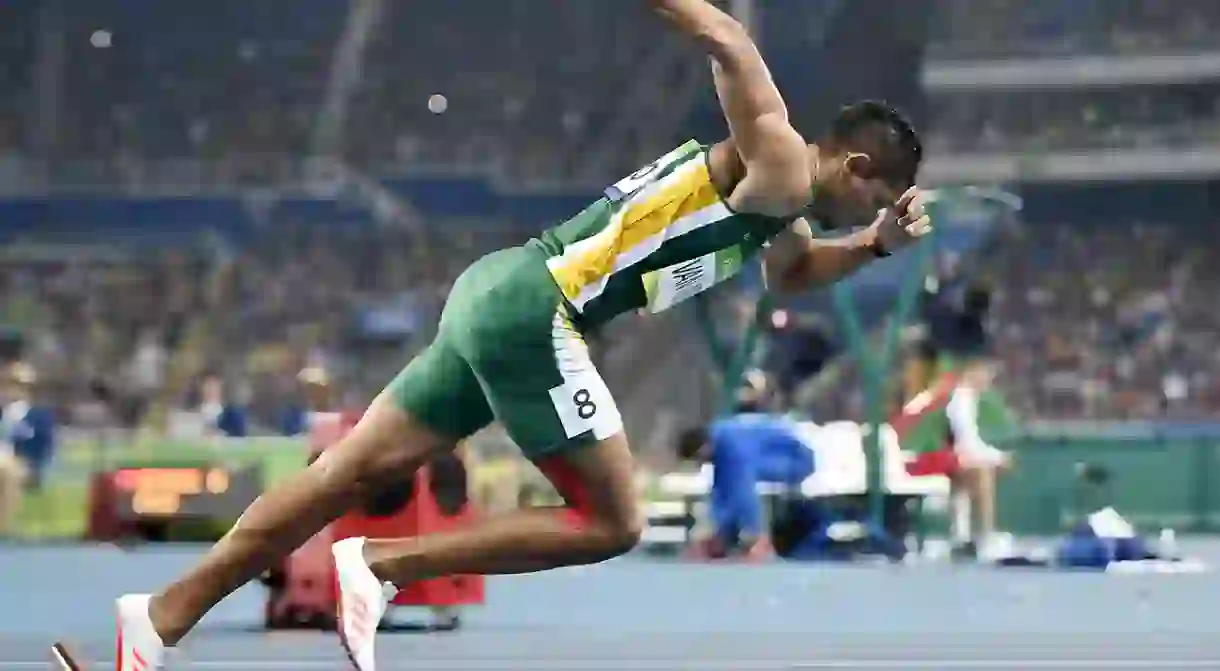 Wayde Van Niekerk at the start of the Mens 400-metre final at the Rio 2016 Olympic Games. He won the race in record-breaking time