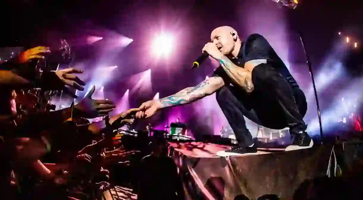 Chester Bennington performing with Linkin Park Mairo Cinquetti/REX/Shutterstock