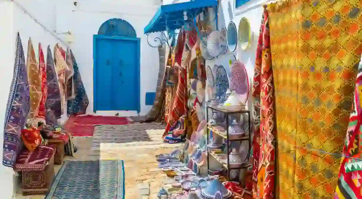 Colorful rugs for sale, Sidi Bou Said, Tunisia