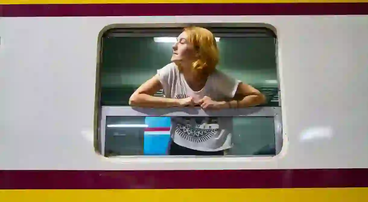 Woman traveling on a train