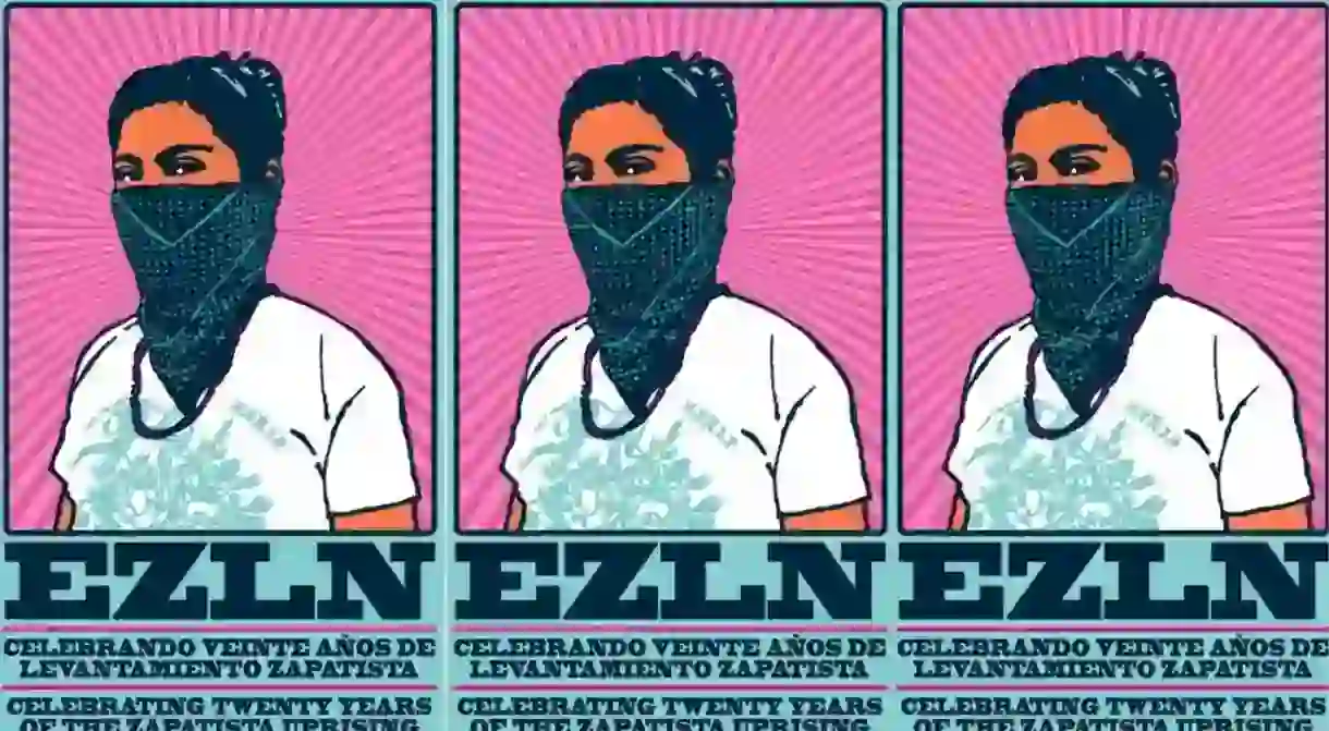 Poster celebrating 20 years of Zapatista action