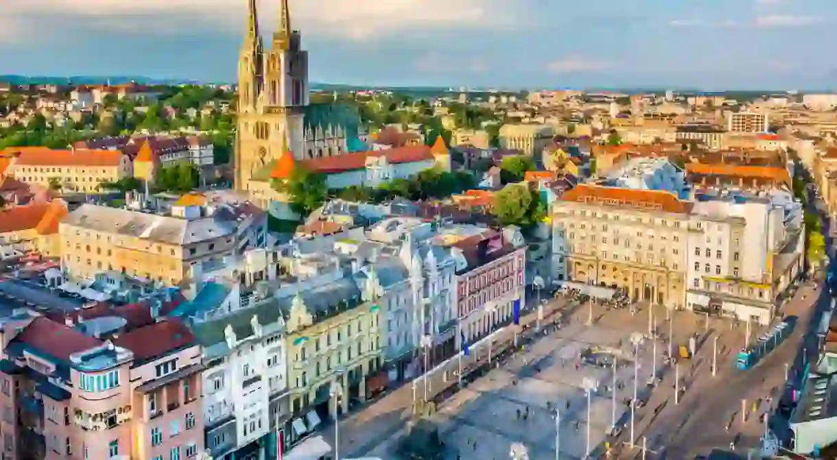 Aerial view at capital town of Croatia, Zagreb city main square, Europe.