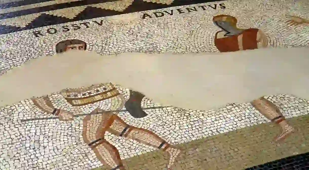 Details of the so-called Gladiator mosaic at the Romano-Germanic Museum