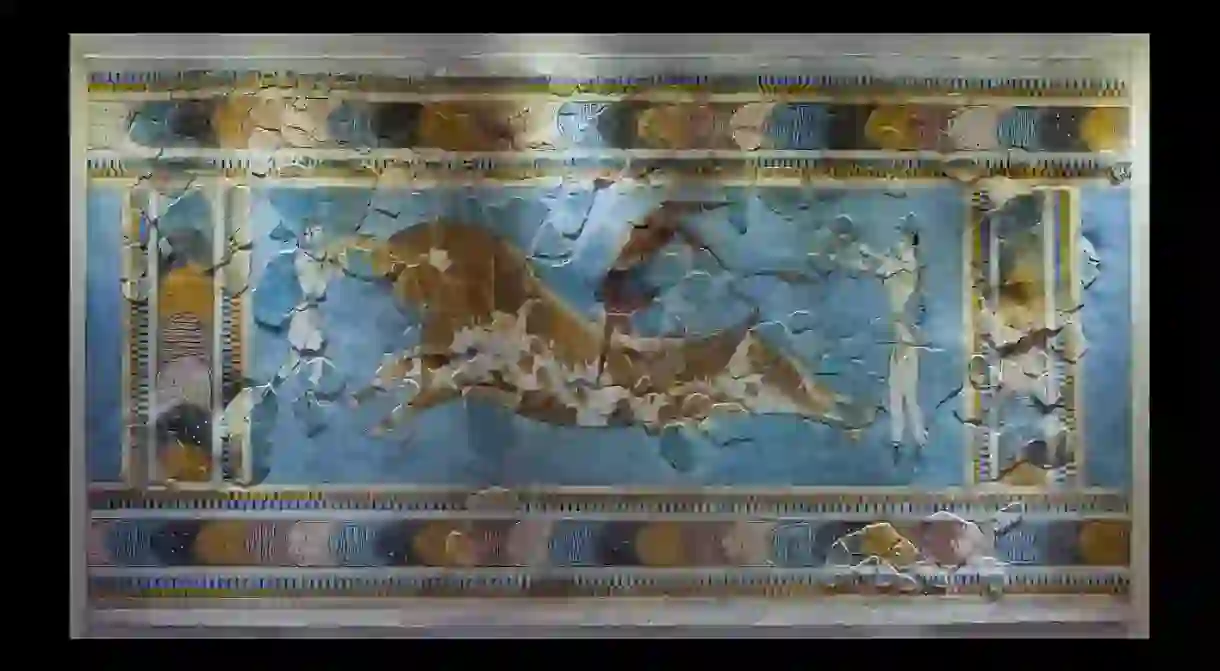 The bull-leaping fresco, original. Found in Knossos palace, Crete, Greece. (1600 - 1450 BCE )