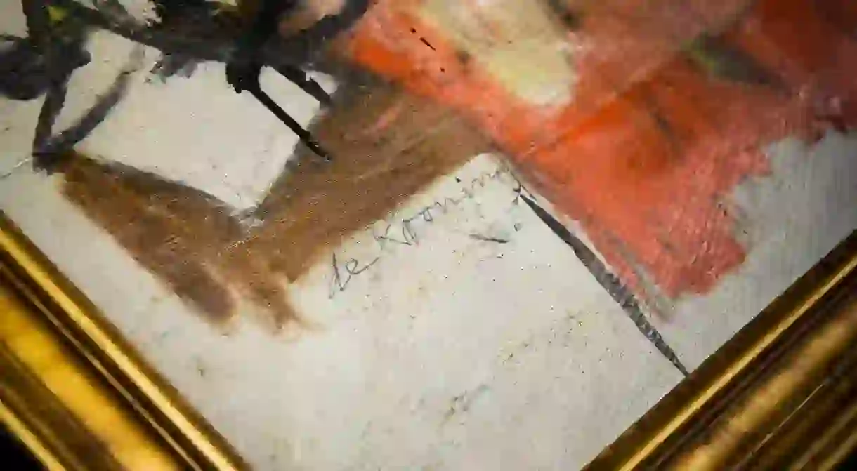 Willem de Koonings signature on the recovered Woman-Ochre (1954-1955) (detail)