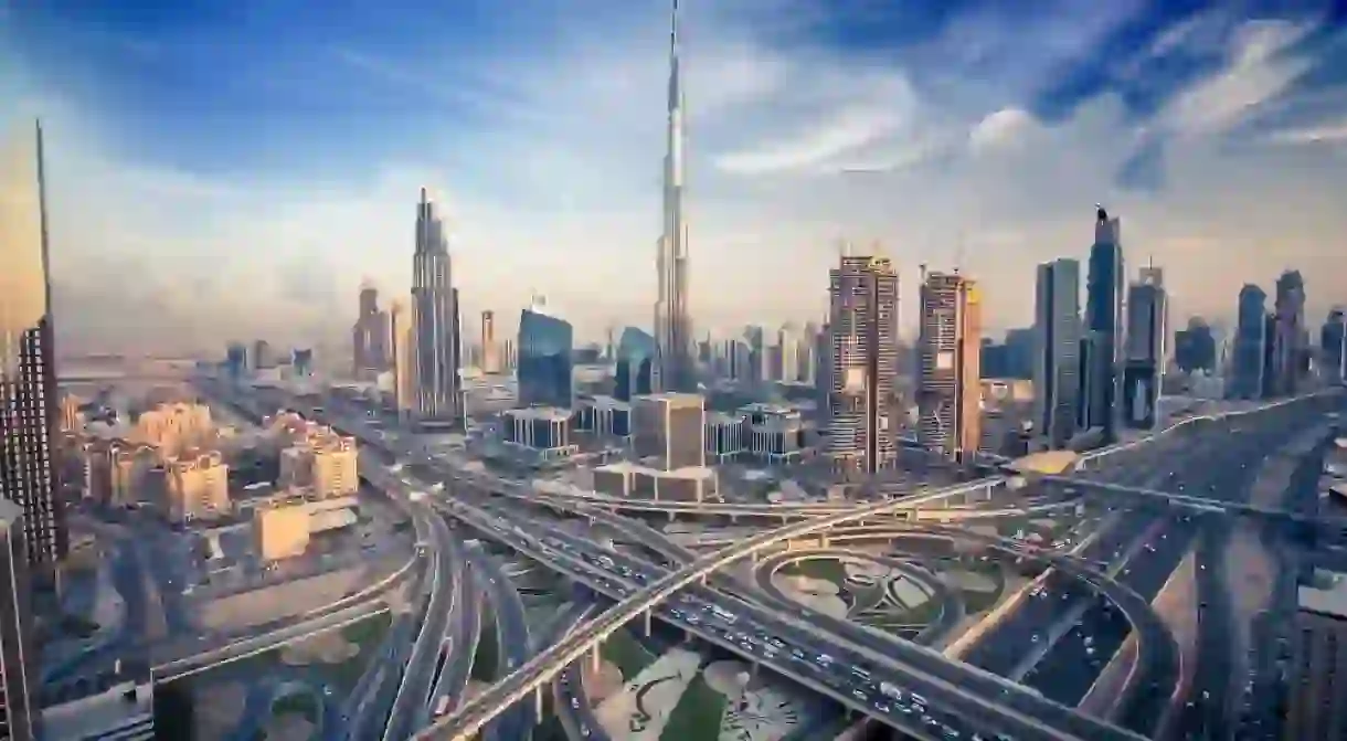 Dubai skyline with beautiful city close to its busiest highway on traffic