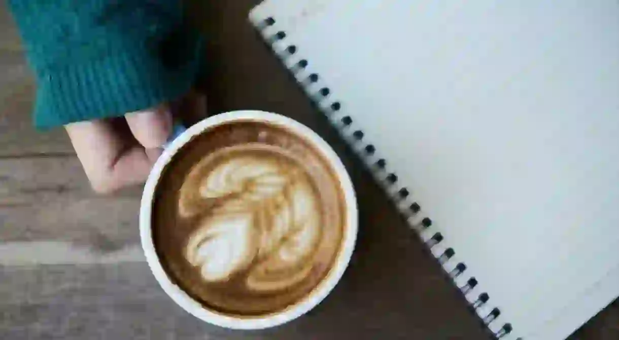 Hands Latte Caffeine Cup Green Notebook Coffee