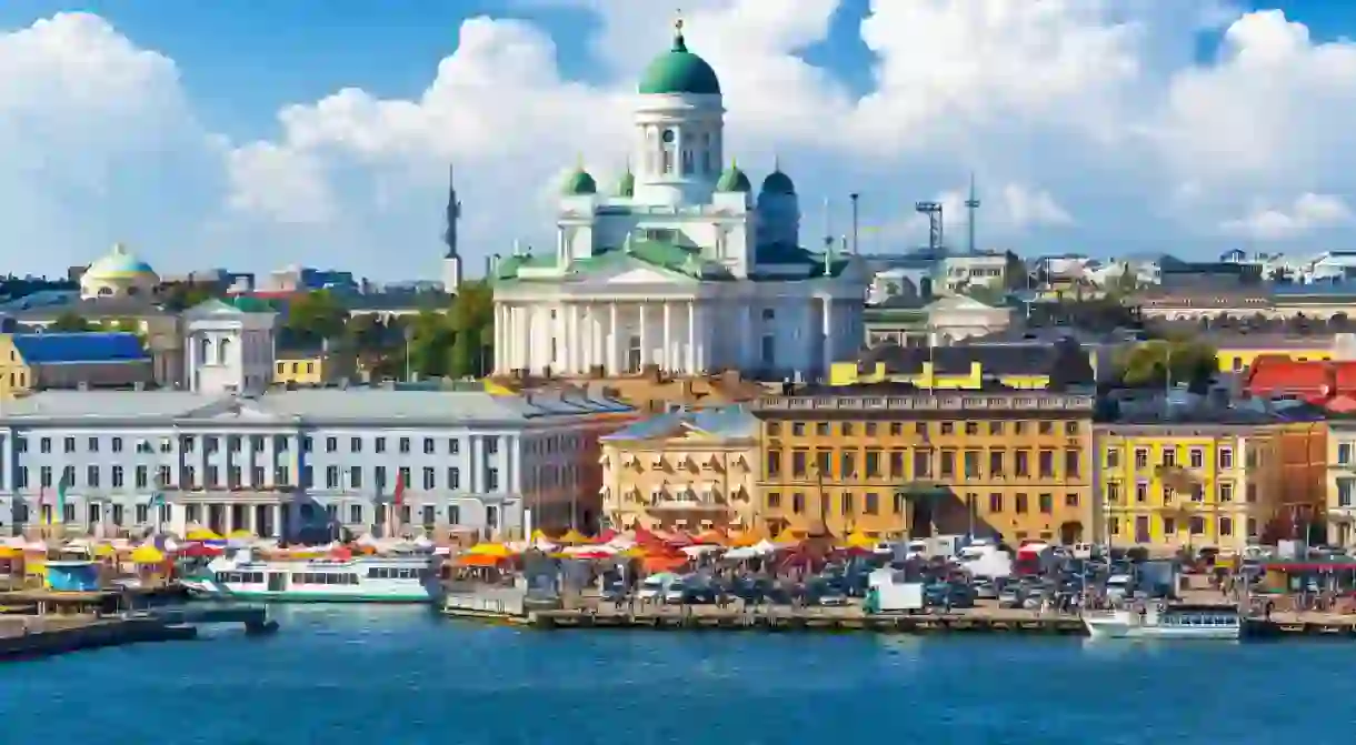 Scenic summer panorama of the Market Square (Kauppatori) at the Old Town pier in Helsinki, Finland