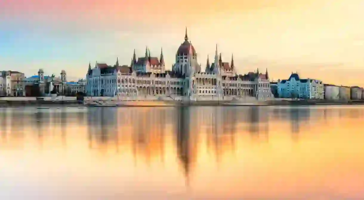 View of Budapest parliament at sunset, Hungary