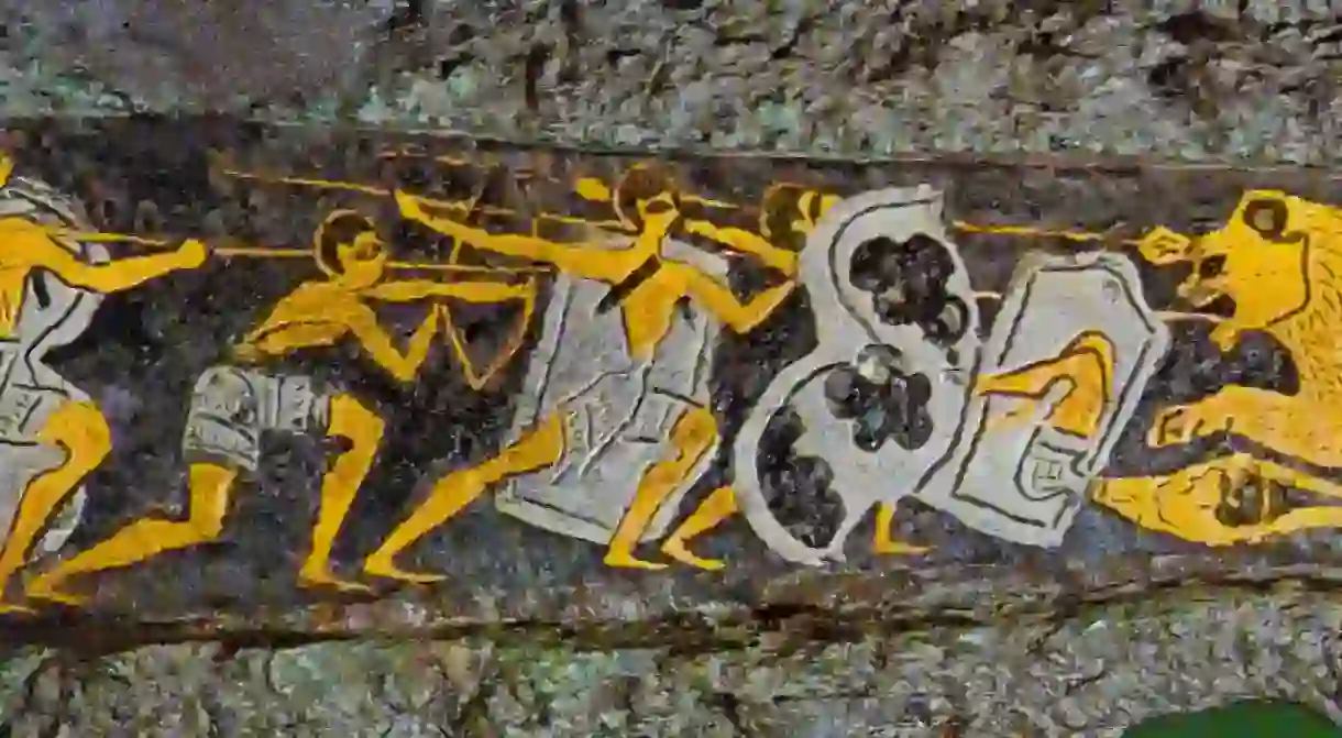 Depiction of a hunting scene on a dagger found in Grave Circle A, Mycenae, 16th century BC