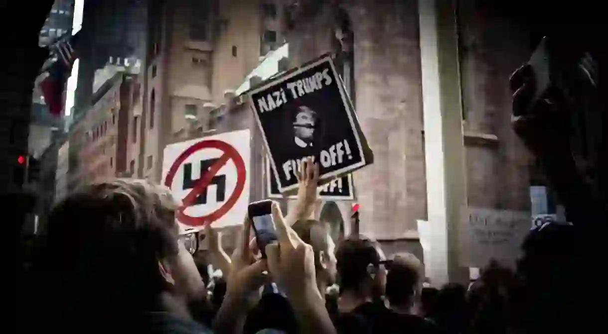 Anti-Nazi signs at a protest at Trump Tower, New York