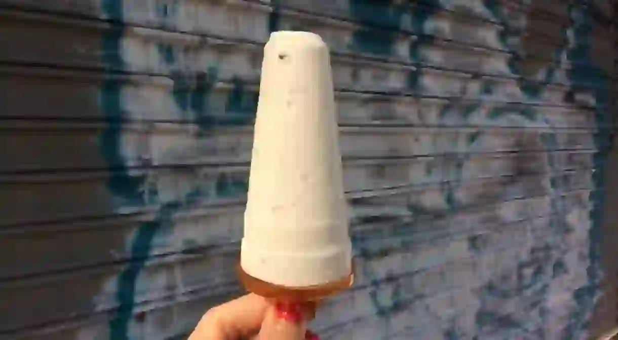 A kulfi pop photographed in Kensington, Brooklyn