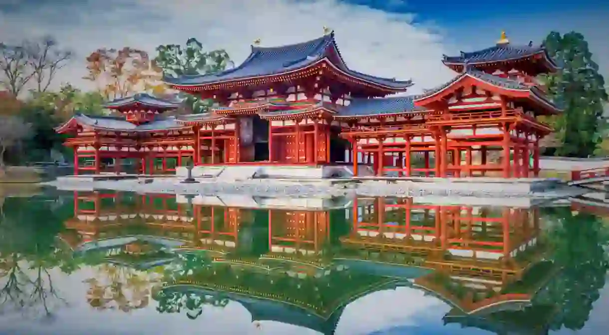 Uji, Kyoto, Japan - famous Byodo-in Buddhist temple, a UNESCO World Heritage Site. Phoenix Hall building