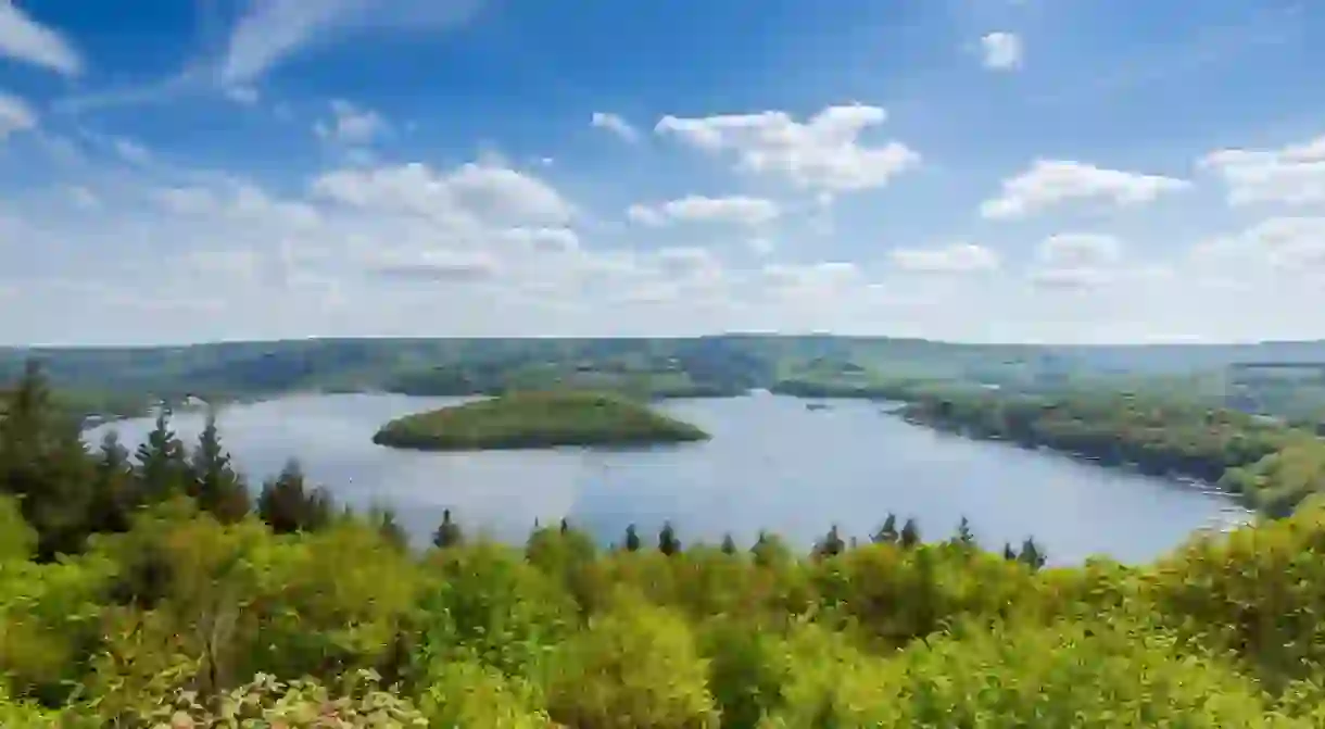 Aerial view of the Rursee lake in the Eifel region