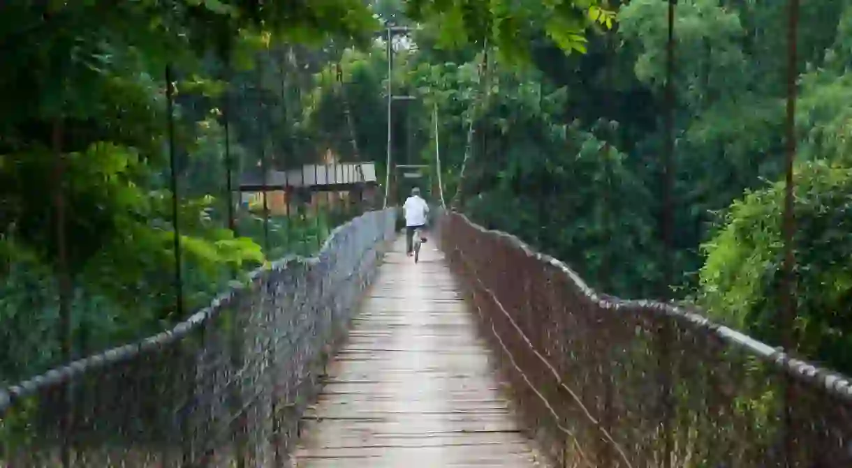 Man on bicycle crosses a bridge in Battambang, Cambodia