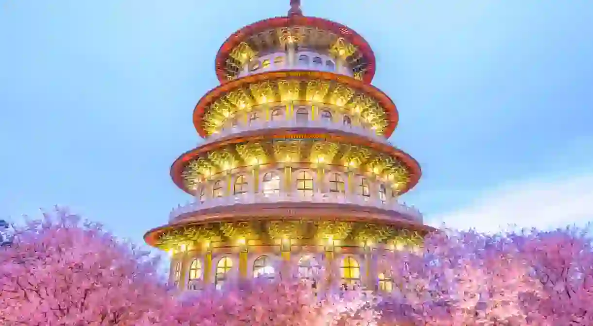 Tien-Yuan temple with cherry blossom in Taipei