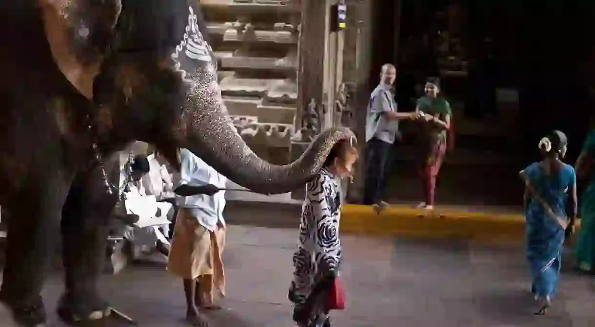 Elephant blessing at Meenakshi Amman Temple