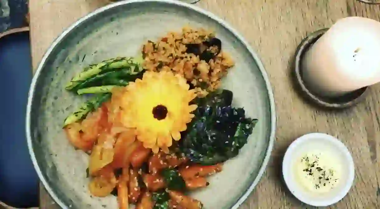 Yellow wax beans and steamed Aubergine with Miso bulgur bowl