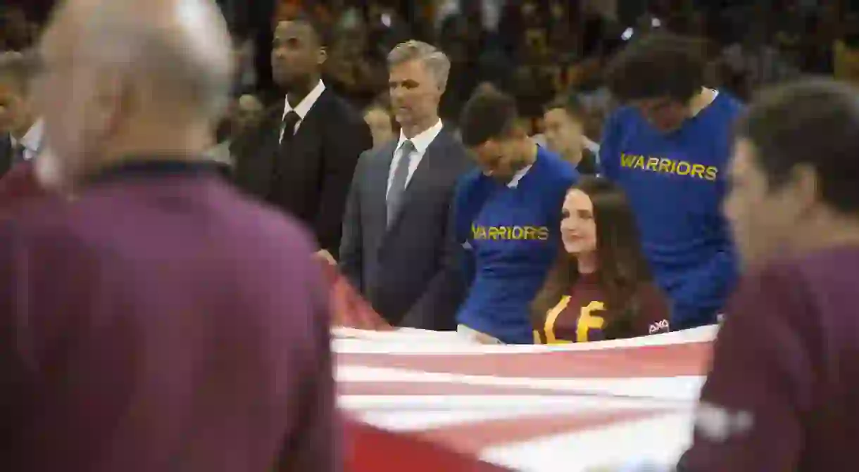 Golden State Warriors players standing for the national anthem during the 2015–16 NBA Finals