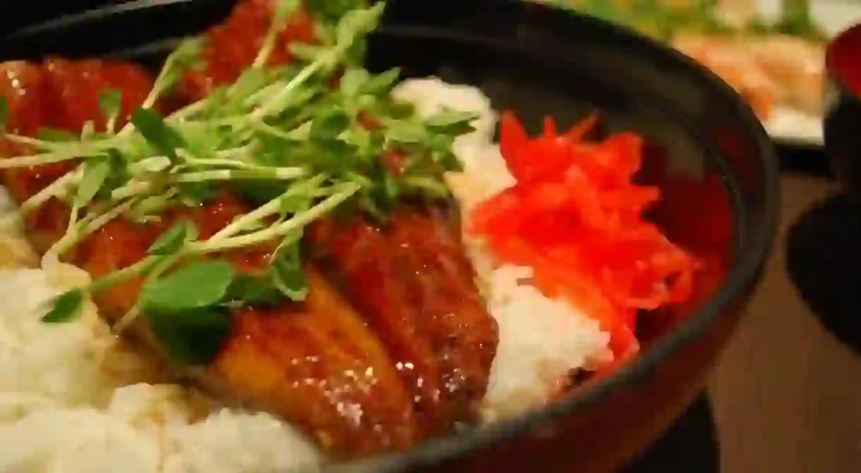 Unadon, grilled and marinated eel over a rice bowl