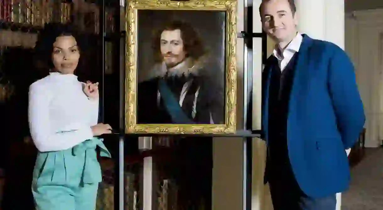 Painting Examination for BBC Show Lost Masterpieces at Pollok House with presenters Emma Dabiri and Dr Bendor Grosvenor