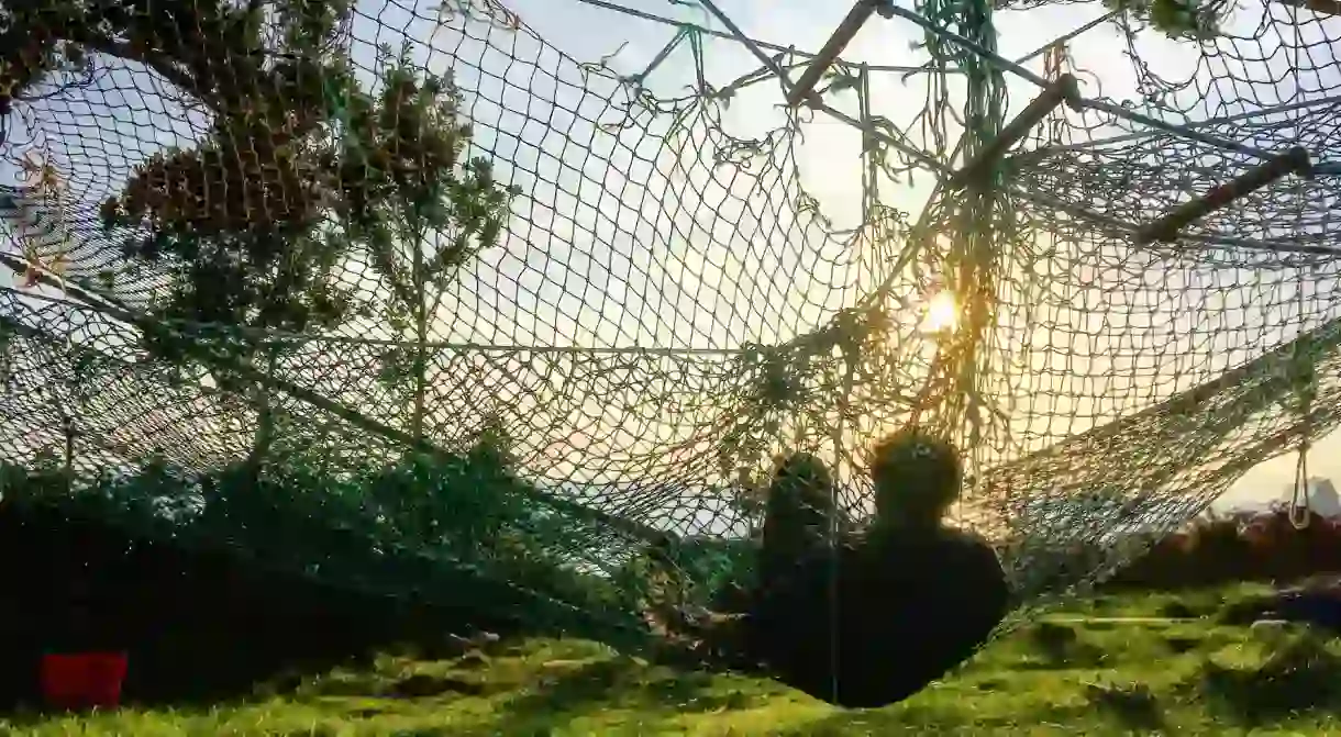 Fishing net hammocks on Bryher, Isles of Scilly