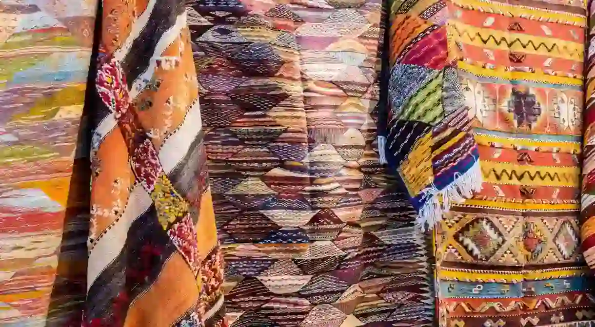 Colourful Moroccan rugs for sale in Fezs souks