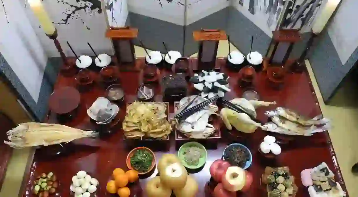 A traditional Chuseok spread prepared for memorial services