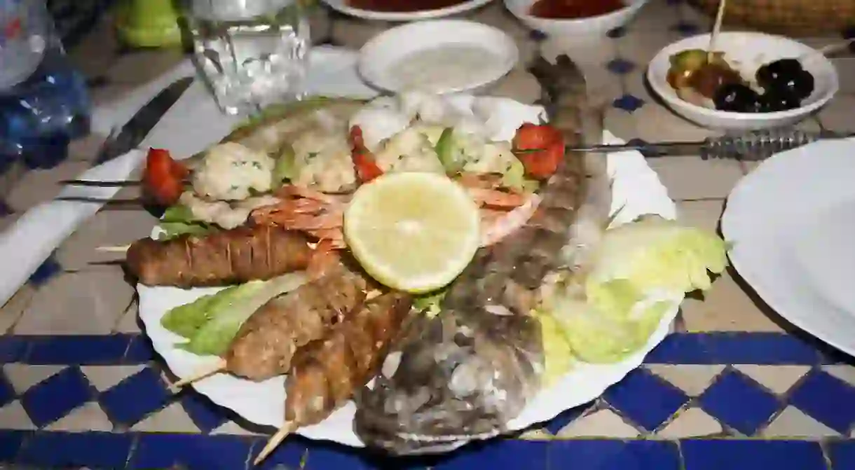 A platter of grilled meats and fish in Morocco