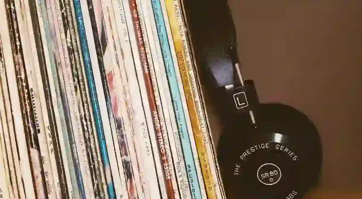 Vinyl records on shelf