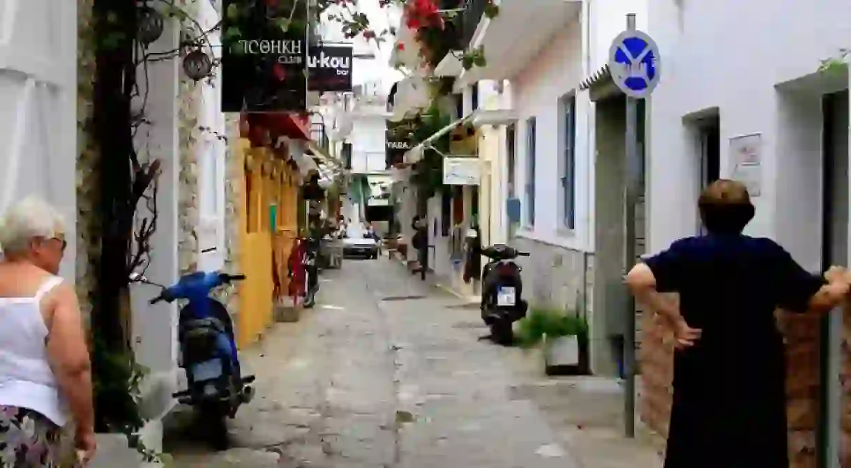 Narrow street in Skiathos, Greece