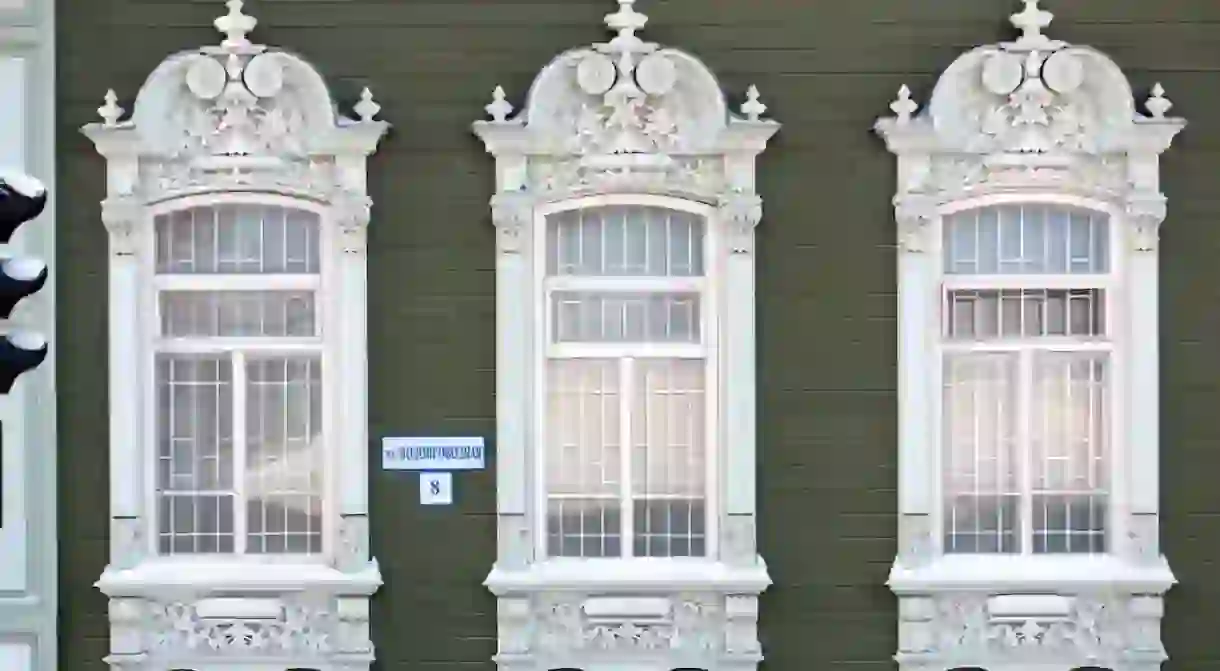 Ornate window frames in Tumen, Russia