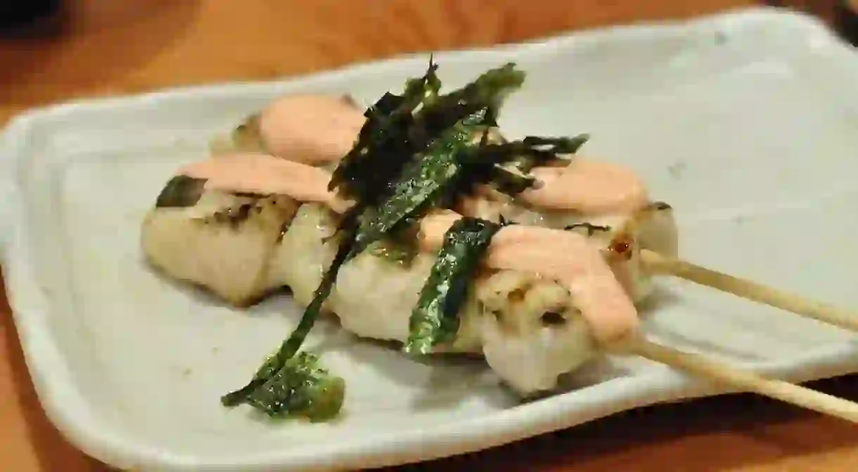 Chicken breast yakitori topped with nori, mayo and cod roe