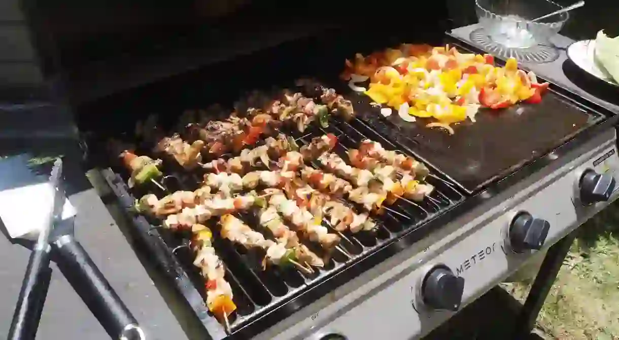 Kebabs and Vegetables Cooked on a New Zealand Barbecue