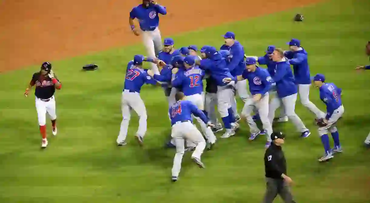 The Cubs celebrate after winning the 2016 World Series