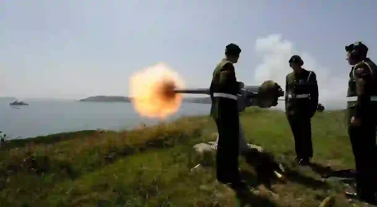 The Irish Defence Forces during a 21 Gun Salute on Spike Island