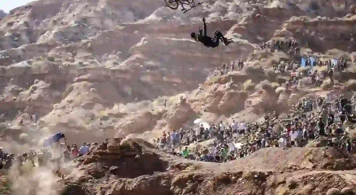 Andreu Lacondeguy competes at Red Bull Rampage in Virgin, Utah, USA on 27 October, 2017