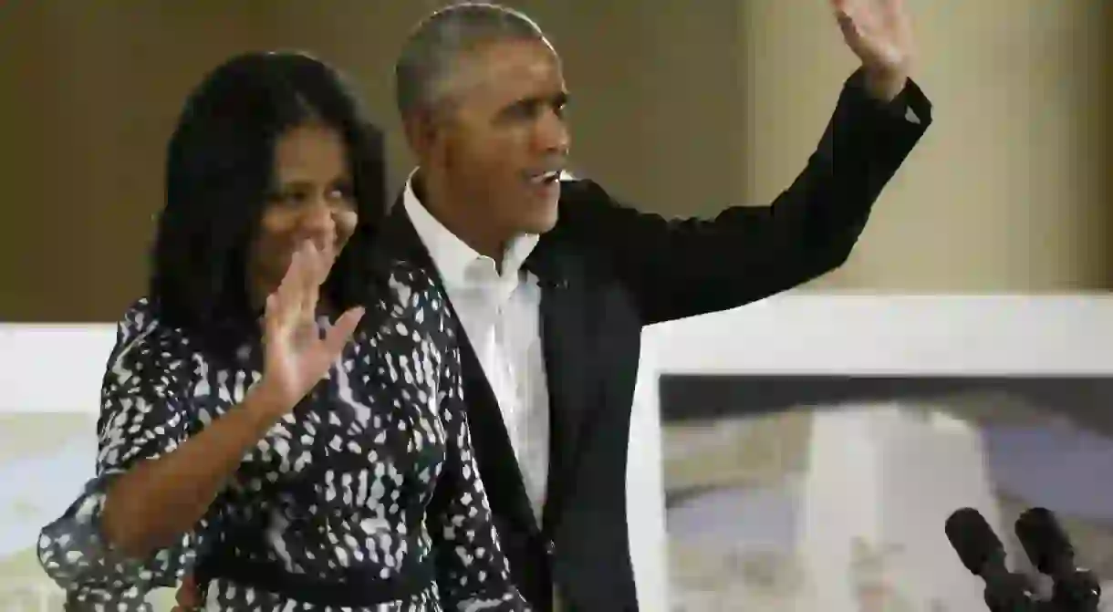 Former President and First Lady, Barack & Michelle Obama, arriving at the the South Shore Cultural Center in Chicago