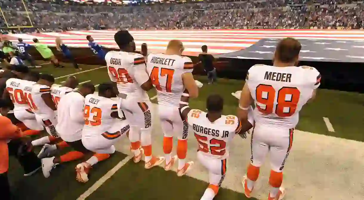 Cleveland Browns players during the national anthem