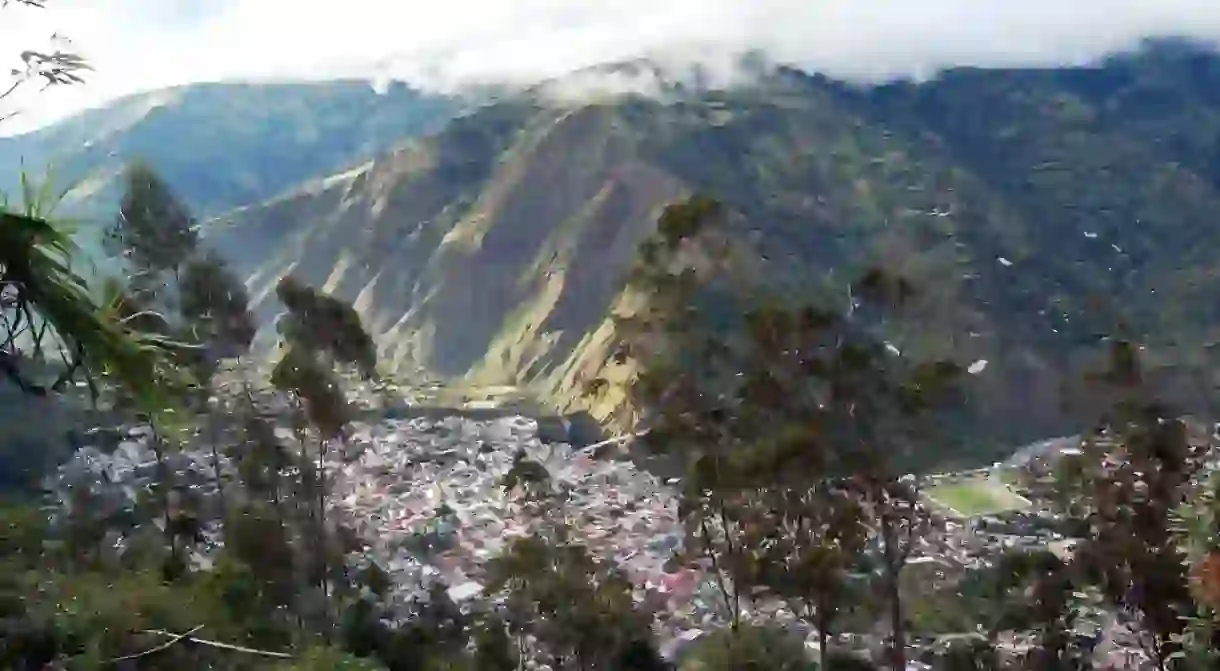 Overhead view of the city of Banos, Andes Range, Equator