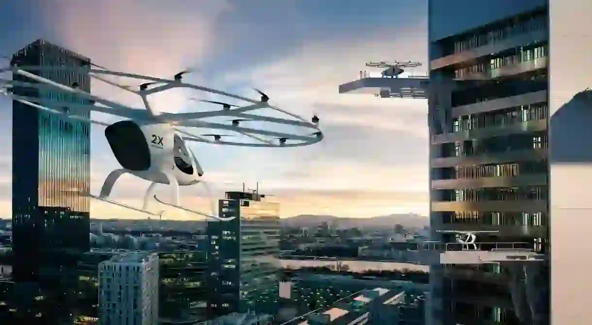 A concept of the Volocopter in use in an inner city