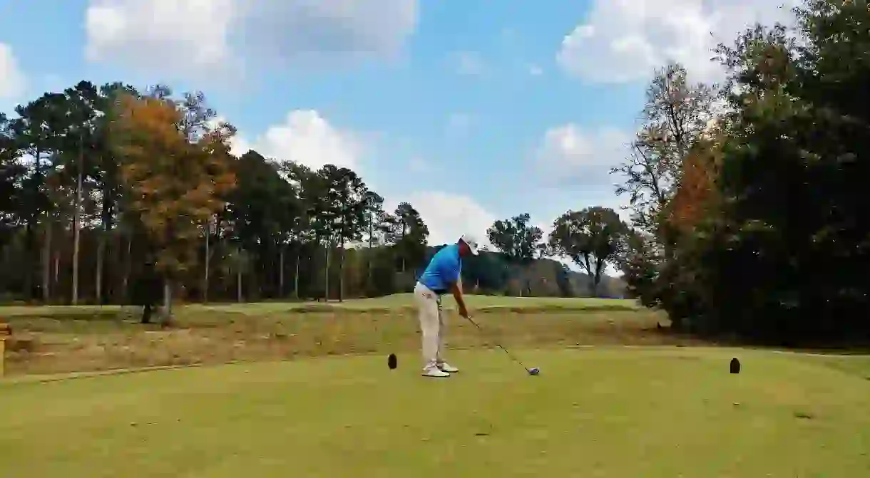 Cameron Wiebe tees off at Champions Retreat in Evans, Ga.