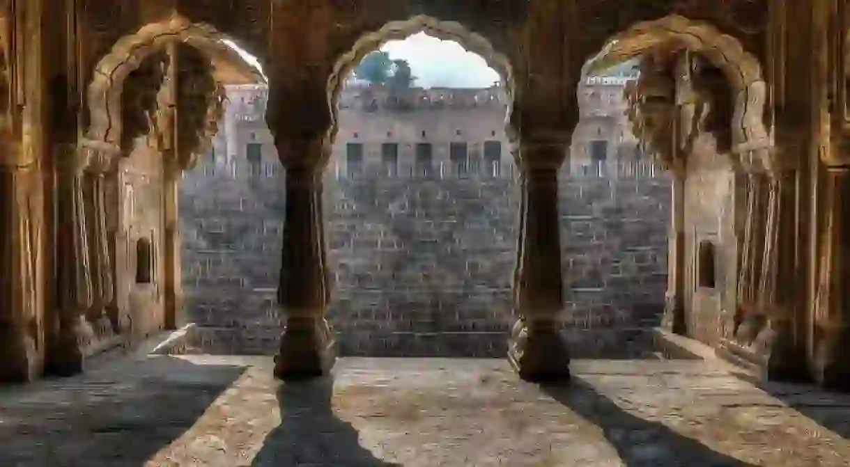 Looking out toward the Chand Baori stepwell near Jaipur