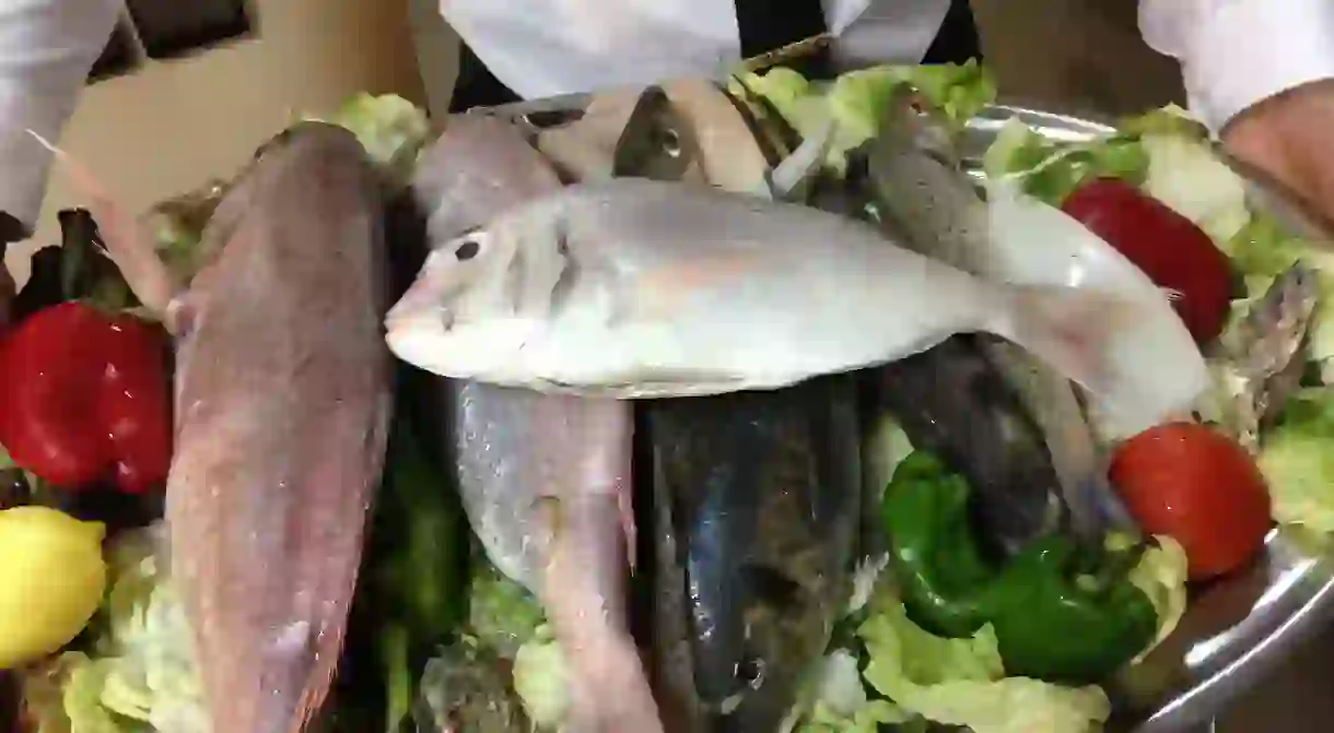 Platter of fish and salad in Morocco