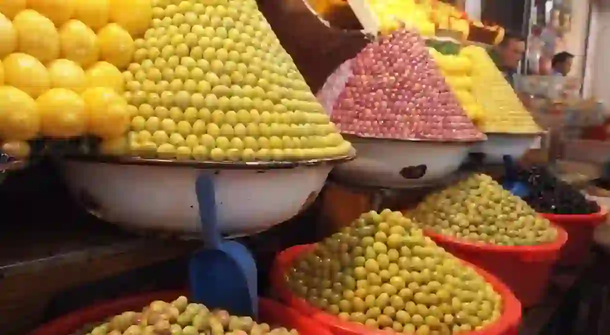 Multi-coloured olives on sale in a Moroccan souk