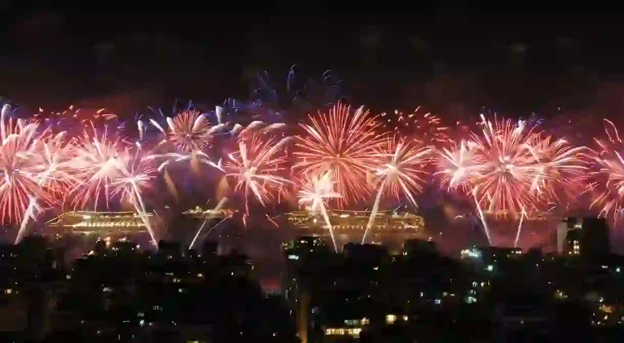 New Years fireworks on Copacabana Beach, Rio de Janeiro